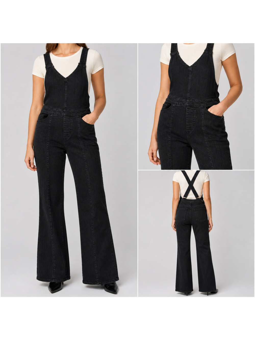 PAIGE‎ Atley Ankle Flare Overall With Seaming Black Denim Women’s Overalls sz 29
